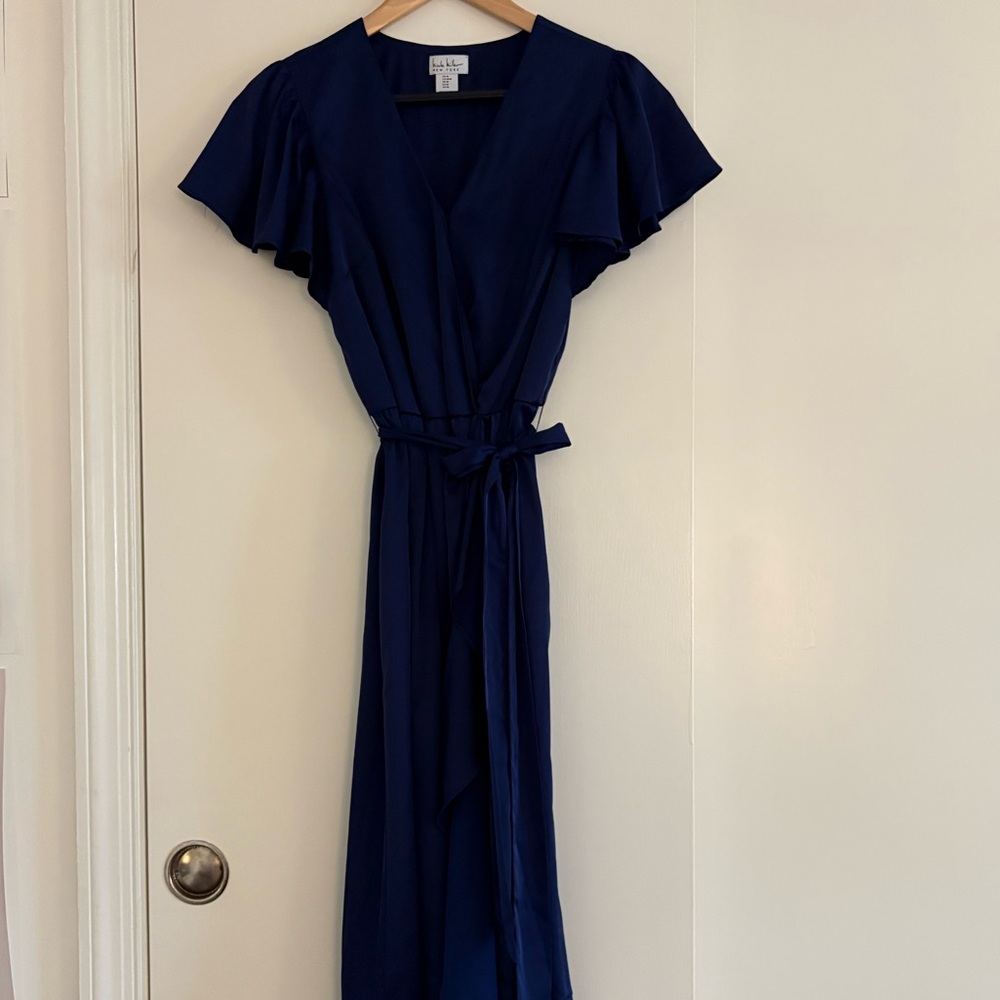 Navy Maxi Wrap Dress with Flutter Sleeves